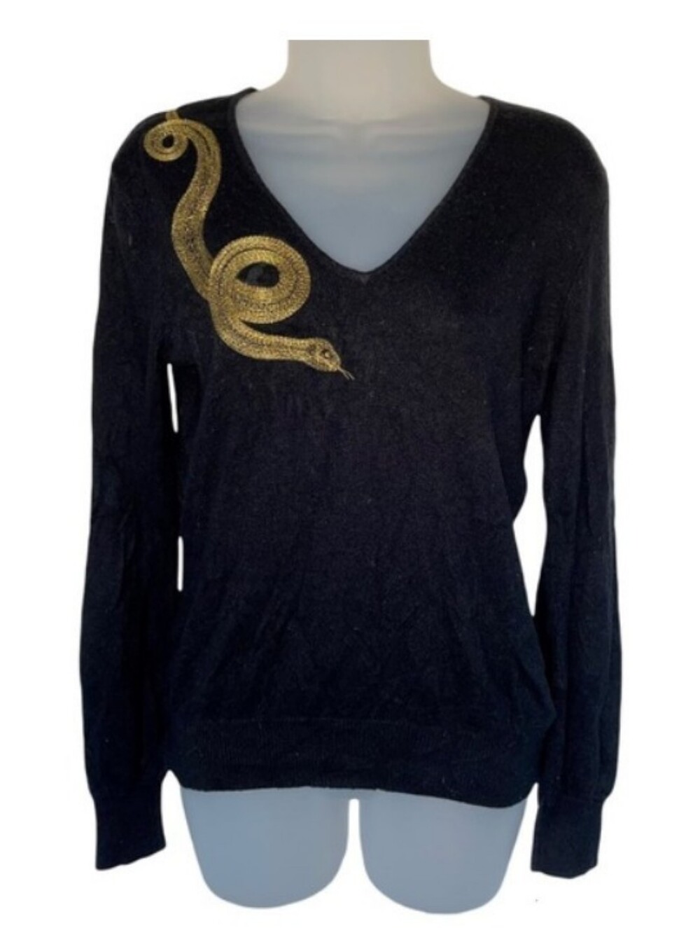 Gold Snake Serpent Black Sweater Cashmere Silk V Neck Lauren Ralph Lauren